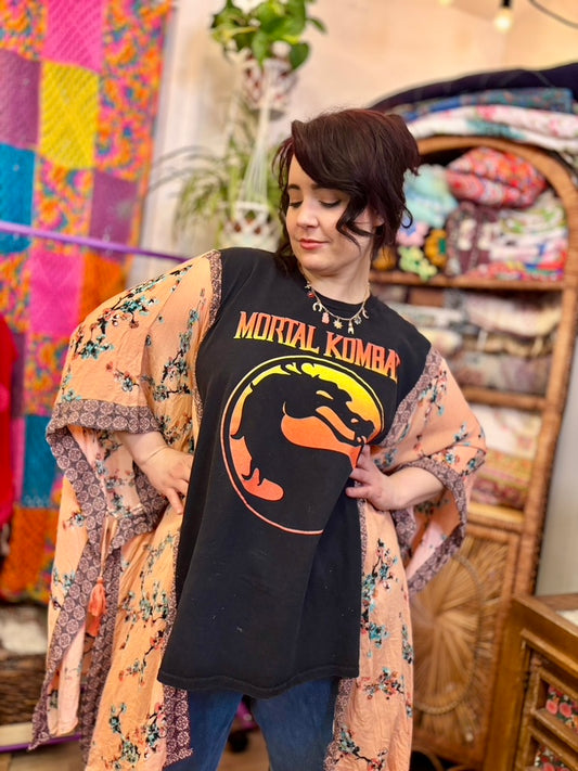 🔥 Finish Me Muse Tunic | Upcycled Graphic Tunic Dress with Cherry Blossom Sleeves