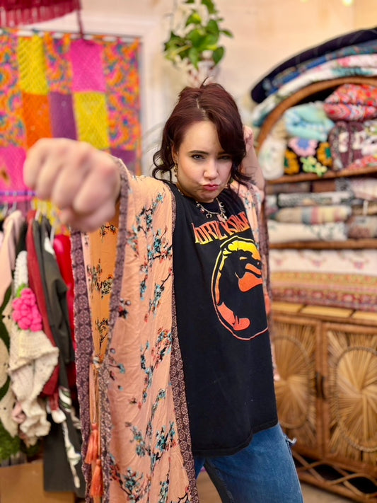 🔥 Finish Me Muse Tunic | Upcycled Graphic Tunic Dress with Cherry Blossom Sleeves