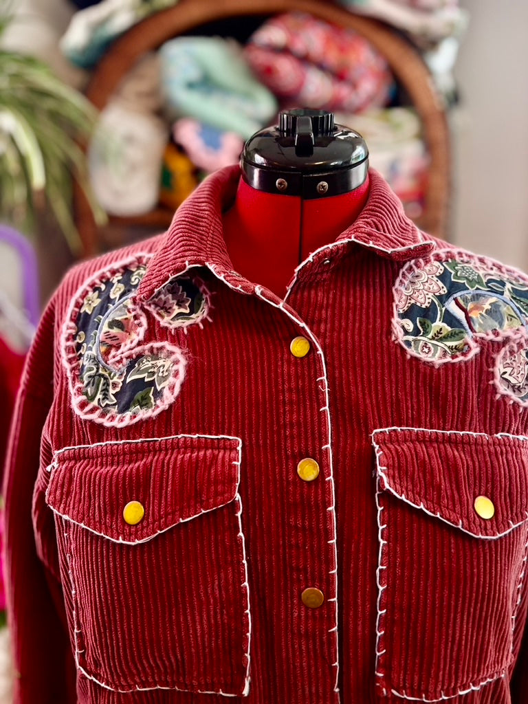 🌹 P.S. I Like You Wanderer Jacket  | Upcycled Pink Corduroy Shacket with Hand Stitching
