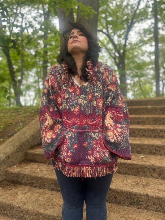The Enchanted Orchard Snug Rug – Upcycled Oversized Drug Rug Sweater | Jewel-Toned Boho Festival Hoodie