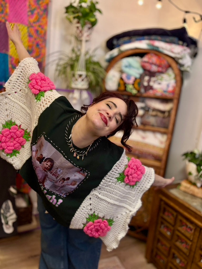 💕 Cootie Queen Supreme Snug Rug | Upcycled Poncho Sweatshirt with Crochet Roses