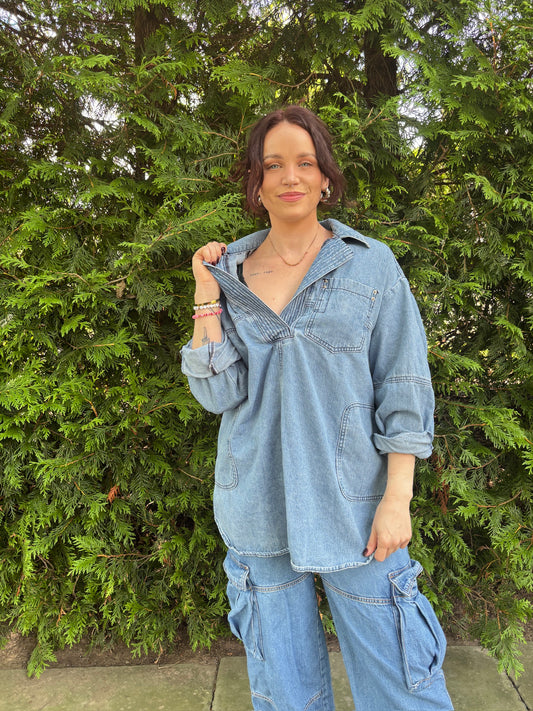 The Sunbeam Tunic Shacket – Upcycled Denim Oversized Layer | Handmade Sustainable Boho Jacket