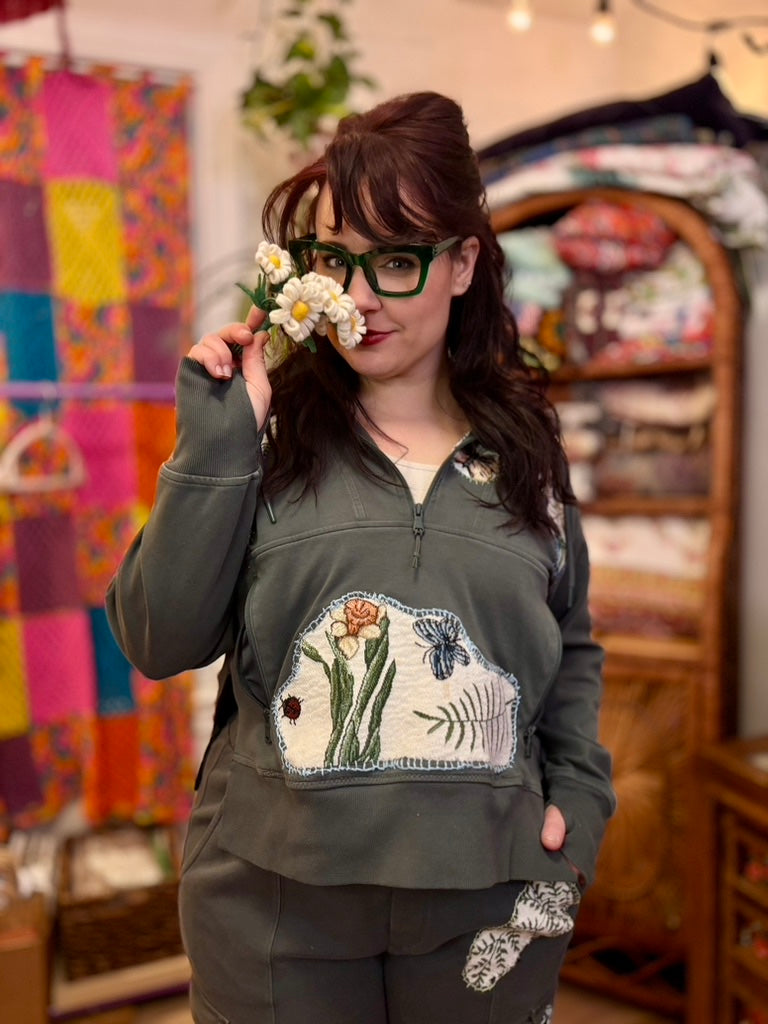 🌿Green Girl Era Lounge Set | Upcycled Floral Patchwork Cozy Loungewear with Pockets