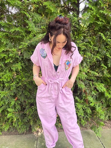 Latchkey Cutie Boiler Suit – Upcycled Orchid Jumpsuit with MTV Graphics | Handmade 90s Sustainable Workwear