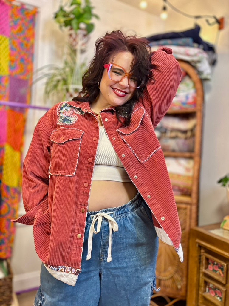 🌹 P.S. I Like You Wanderer Jacket  | Upcycled Pink Corduroy Shacket with Hand Stitching
