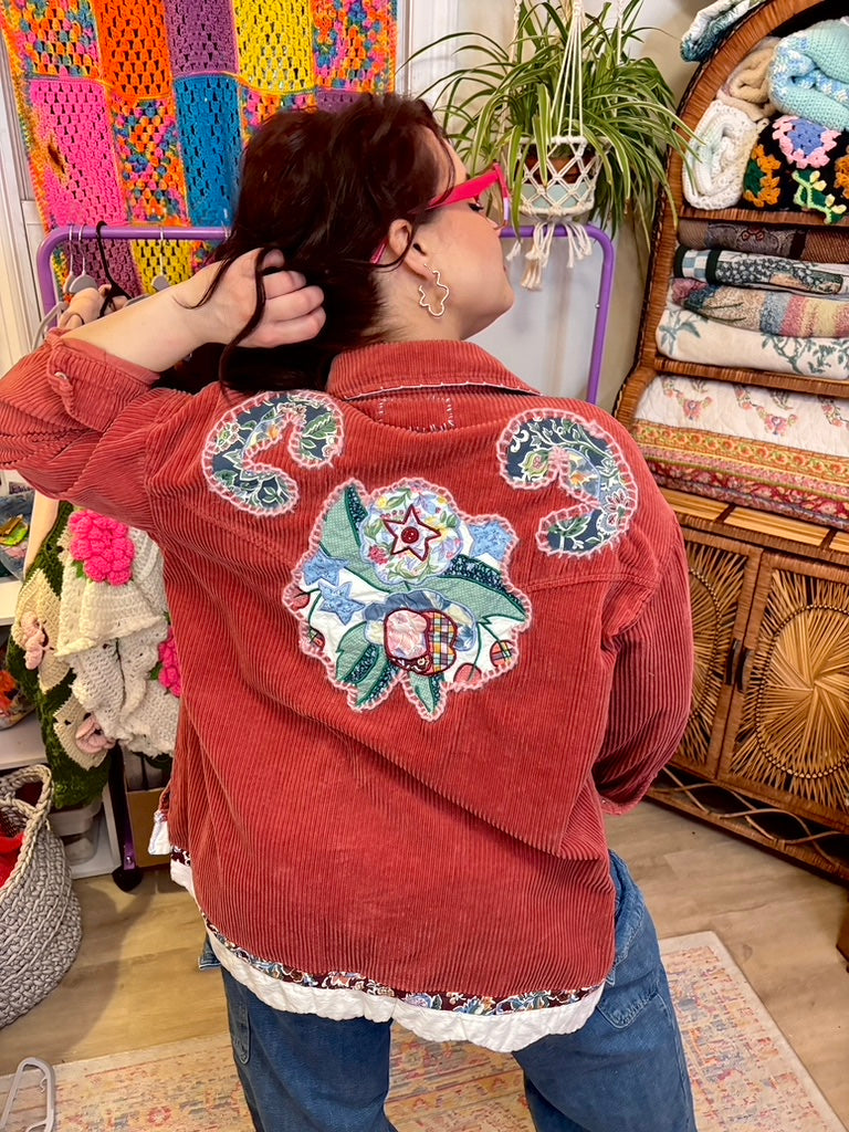 🌹 P.S. I Like You Wanderer Jacket  | Upcycled Pink Corduroy Shacket with Hand Stitching