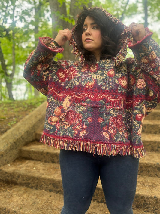 The Enchanted Orchard Snug Rug – Upcycled Oversized Drug Rug Sweater | Jewel-Toned Boho Festival Hoodie