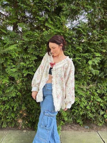 The Briar Rose Cardigan – Upcycled Floral Vintage Tablecloth Cardigan | Fairytale Cottagecore Shacket Sweater