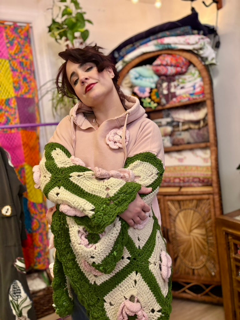 ✨ Fae Baby Snug Rug | Upcycled Hooded Poncho with Granny Square Sleeves