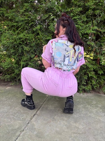 Latchkey Cutie Boiler Suit – Upcycled Orchid Jumpsuit with MTV Graphics | Handmade 90s Sustainable Workwear