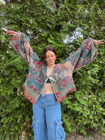 The Belladonna – Upcycled Blanket Balloon Sleeve Cardigan | Witchy Dark Academia Sweater | Daydreamer Cardigan