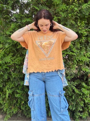 Peaches Peaches Peaches (🍑🍑🍑)  Tunic – Upcycled Patchwork Oversized Top | Handmade Sustainable Boho Tee