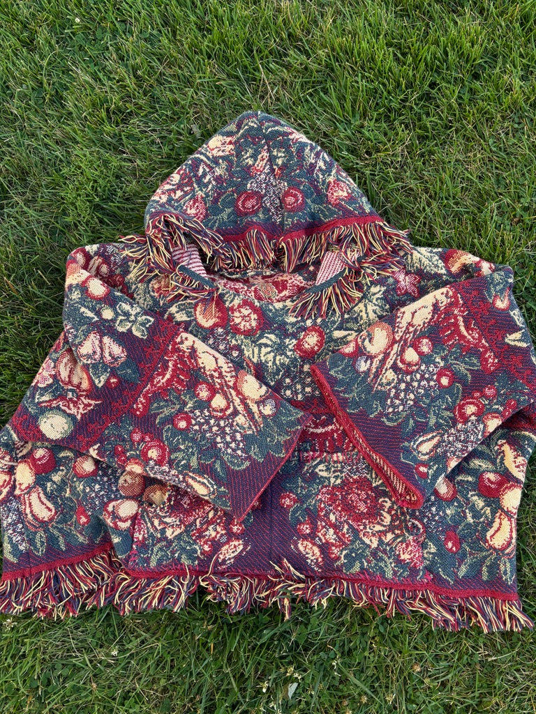 The Enchanted Orchard Snug Rug – Upcycled Oversized Drug Rug Sweater | Jewel-Toned Boho Festival Hoodie