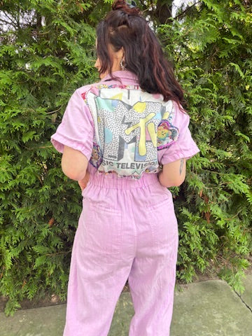 Latchkey Cutie Boiler Suit – Upcycled Orchid Jumpsuit with MTV Graphics | Handmade 90s Sustainable Workwear
