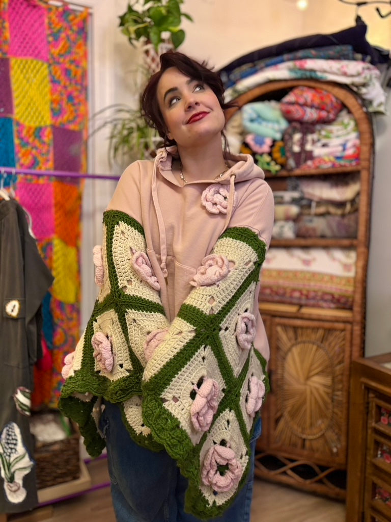 ✨ Fae Baby Snug Rug | Upcycled Hooded Poncho with Granny Square Sleeves