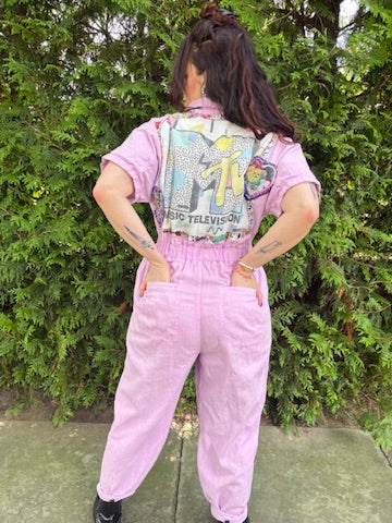 Latchkey Cutie Boiler Suit – Upcycled Orchid Jumpsuit with MTV Graphics | Handmade 90s Sustainable Workwear