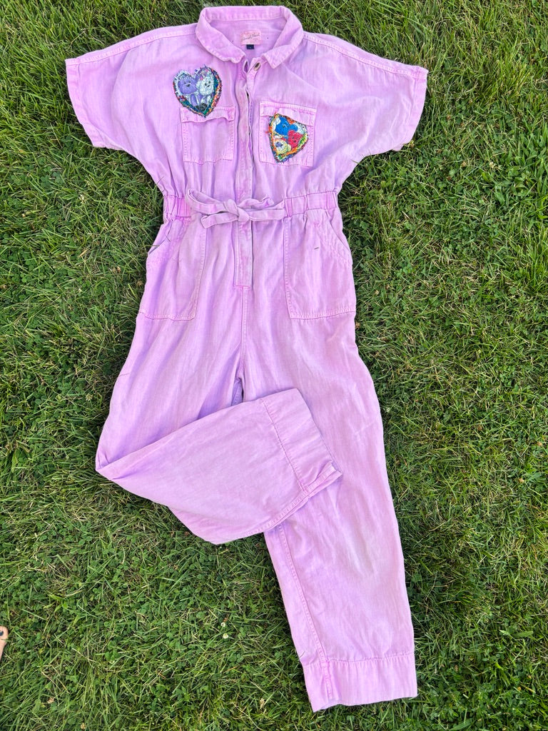 Latchkey Cutie Boiler Suit – Upcycled Orchid Jumpsuit with MTV Graphics | Handmade 90s Sustainable Workwear