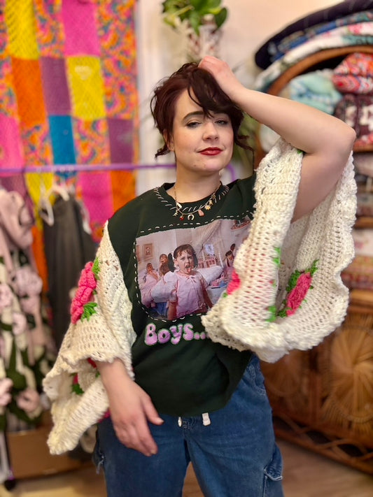 💕 Cootie Queen Supreme Snug Rug | Upcycled Poncho Sweatshirt with Crochet Roses