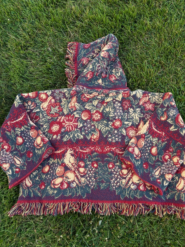 The Enchanted Orchard Snug Rug – Upcycled Oversized Drug Rug Sweater | Jewel-Toned Boho Festival Hoodie
