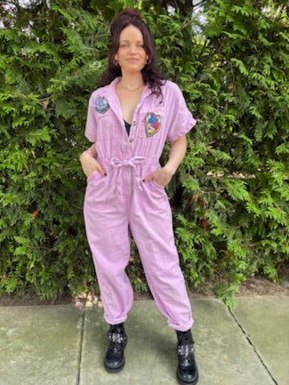 Latchkey Cutie Boiler Suit – Upcycled Orchid Jumpsuit with MTV Graphics | Handmade 90s Sustainable Workwear