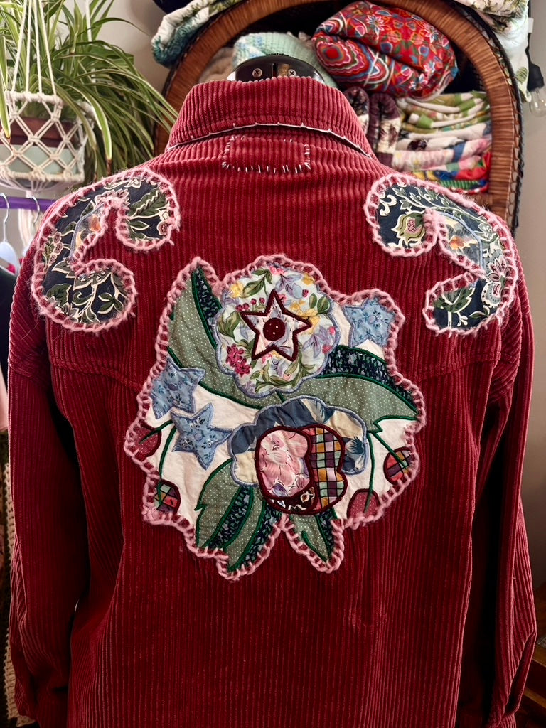 🌹 P.S. I Like You Wanderer Jacket  | Upcycled Pink Corduroy Shacket with Hand Stitching