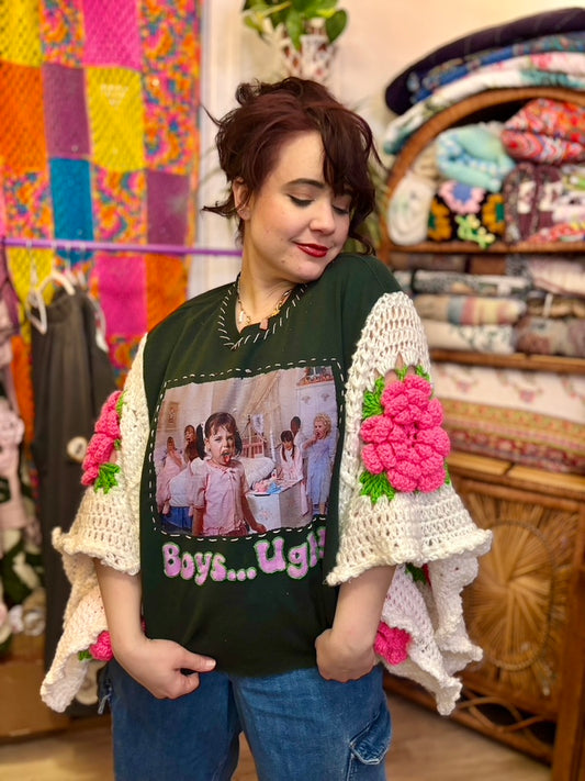 💕 Cootie Queen Supreme Snug Rug | Upcycled Poncho Sweatshirt with Crochet Roses