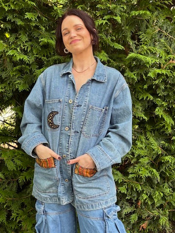 The Harvest Moon Barn Jacket – Upcycled Vintage Gap Denim with Floral Embroidery | Sustainable Autumn Outerwear
