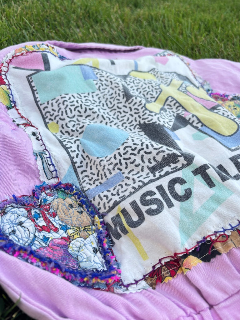 Latchkey Cutie Boiler Suit – Upcycled Orchid Jumpsuit with MTV Graphics | Handmade 90s Sustainable Workwear