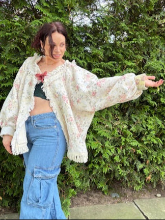 The Briar Rose Cardigan – Upcycled Floral Vintage Tablecloth Cardigan | Fairytale Cottagecore Shacket Sweater