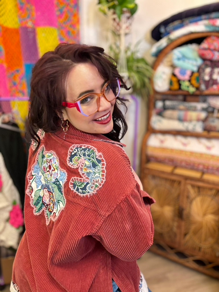 🌹 P.S. I Like You Wanderer Jacket  | Upcycled Pink Corduroy Shacket with Hand Stitching