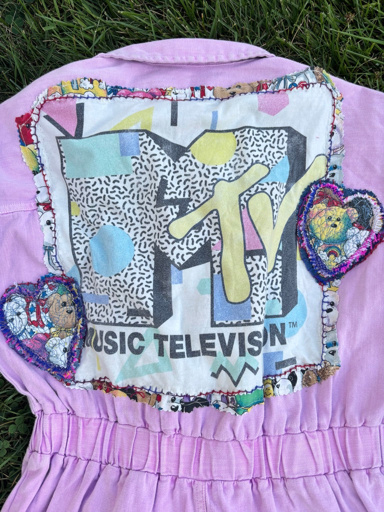 Latchkey Cutie Boiler Suit – Upcycled Orchid Jumpsuit with MTV Graphics | Handmade 90s Sustainable Workwear
