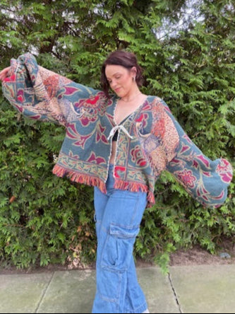 The Belladonna – Upcycled Blanket Balloon Sleeve Cardigan | Witchy Dark Academia Sweater | Daydreamer Cardigan