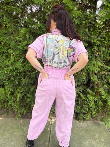 Latchkey Cutie Boiler Suit – Upcycled Orchid Jumpsuit with MTV Graphics | Handmade 90s Sustainable Workwear