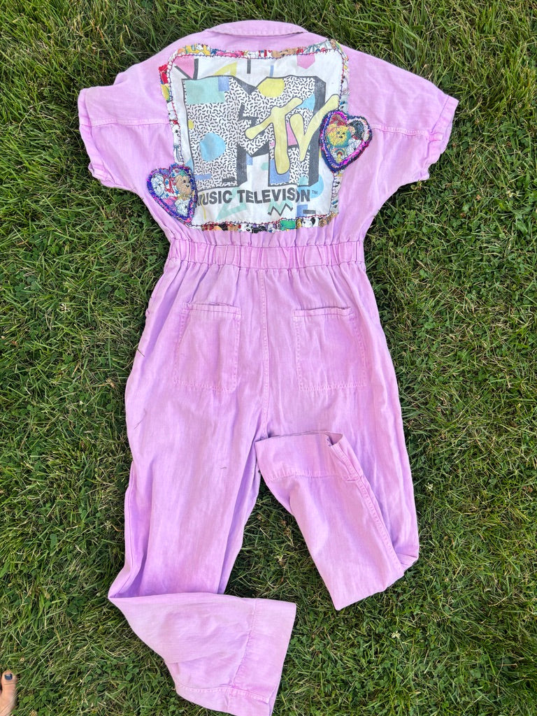 Latchkey Cutie Boiler Suit – Upcycled Orchid Jumpsuit with MTV Graphics | Handmade 90s Sustainable Workwear