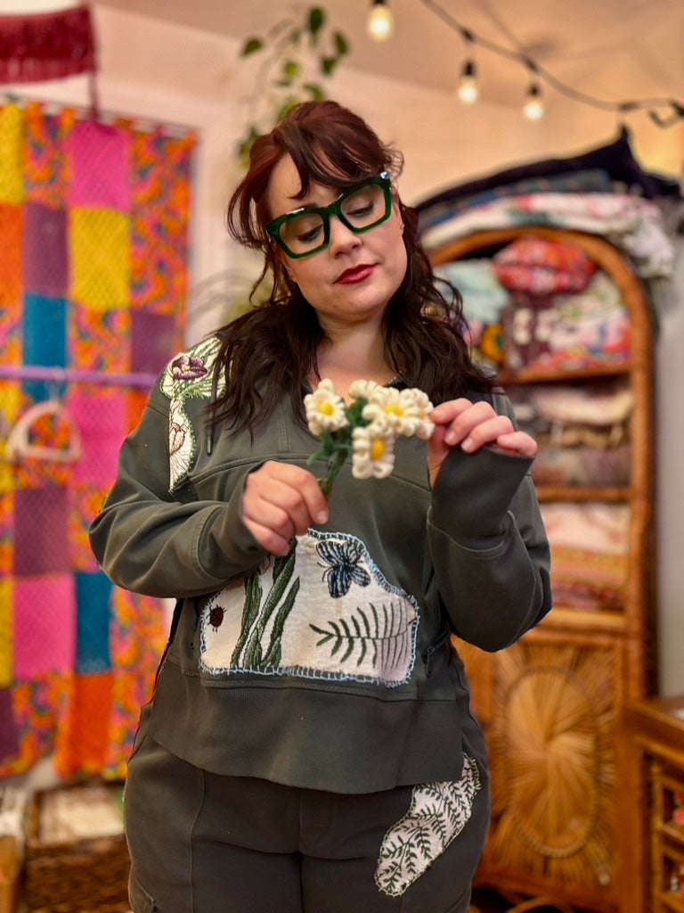 🌿Green Girl Era Lounge Set | Upcycled Floral Patchwork Cozy Loungewear with Pockets