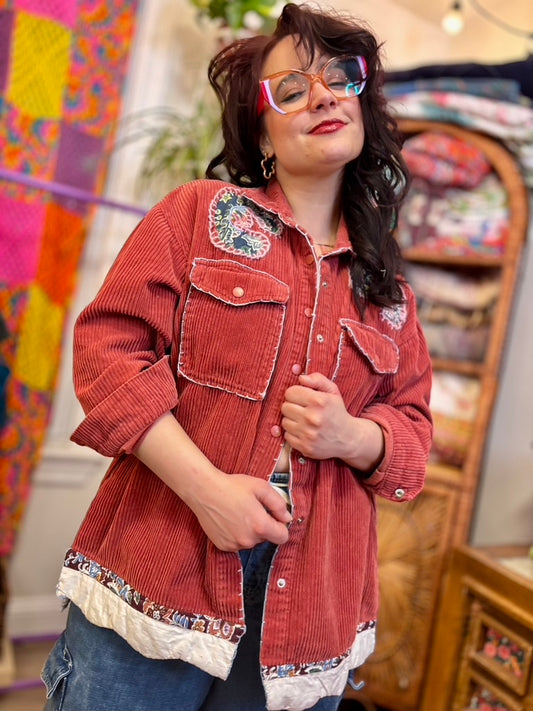 🌹 P.S. I Like You Wanderer Jacket  | Upcycled Pink Corduroy Shacket with Hand Stitching