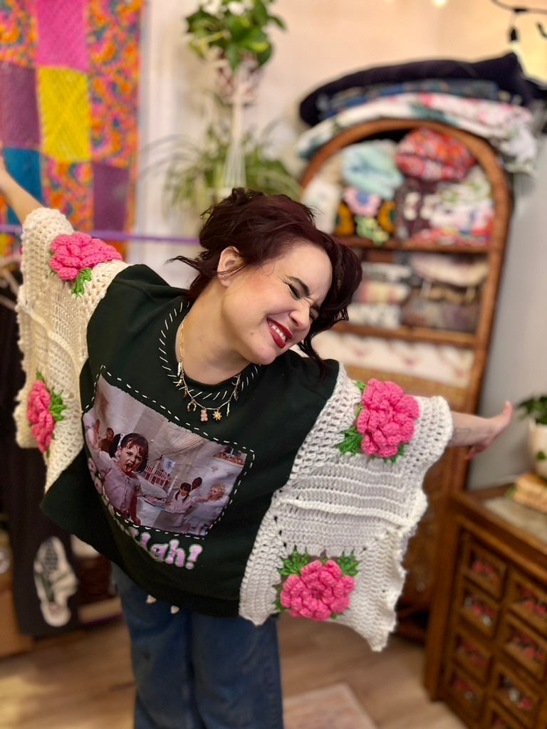 💕 Cootie Queen Supreme Snug Rug | Upcycled Poncho Sweatshirt with Crochet Roses