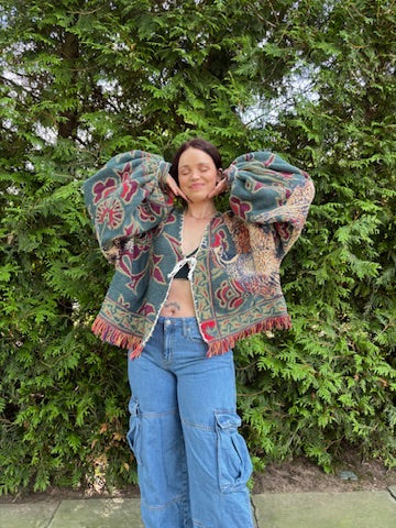 The Belladonna – Upcycled Blanket Balloon Sleeve Cardigan | Witchy Dark Academia Sweater | Daydreamer Cardigan