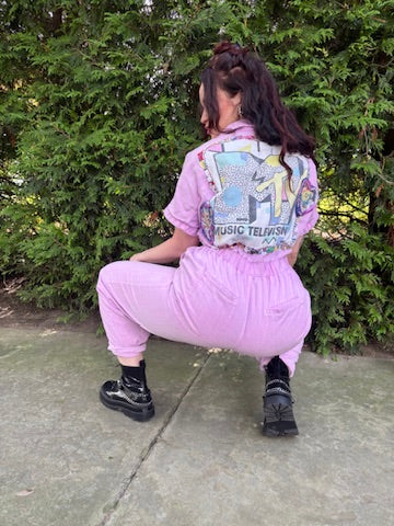 Latchkey Cutie Boiler Suit – Upcycled Orchid Jumpsuit with MTV Graphics | Handmade 90s Sustainable Workwear