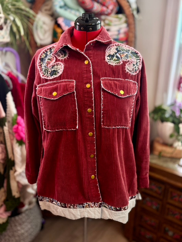 🌹 P.S. I Like You Wanderer Jacket  | Upcycled Pink Corduroy Shacket with Hand Stitching