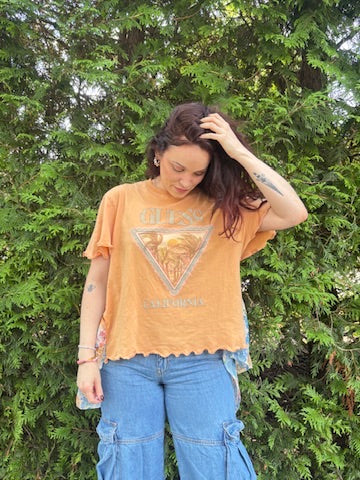 Peaches Peaches Peaches (🍑🍑🍑)  Tunic – Upcycled Patchwork Oversized Top | Handmade Sustainable Boho Tee