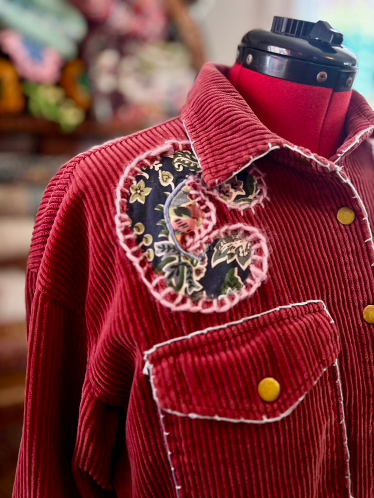 🌹 P.S. I Like You Wanderer Jacket  | Upcycled Pink Corduroy Shacket with Hand Stitching