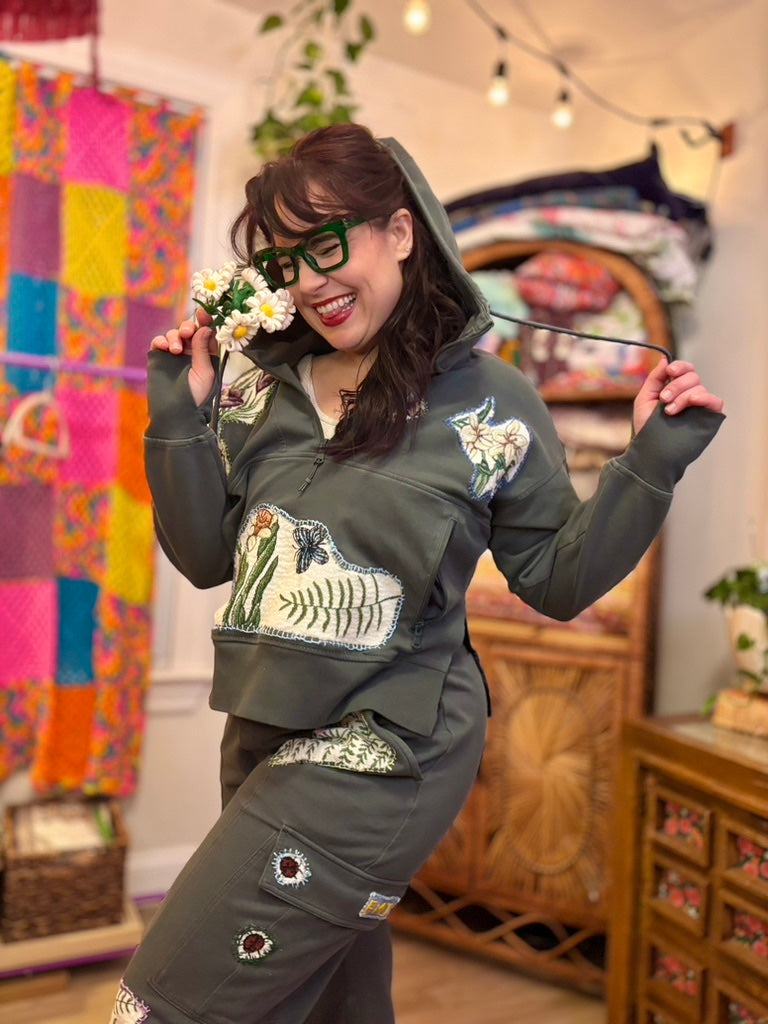🌿Green Girl Era Lounge Set | Upcycled Floral Patchwork Cozy Loungewear with Pockets