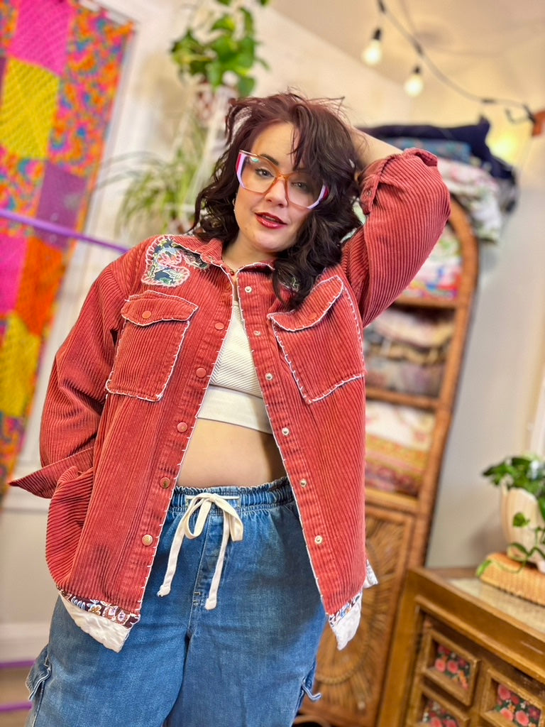 🌹 P.S. I Like You Wanderer Jacket  | Upcycled Pink Corduroy Shacket with Hand Stitching